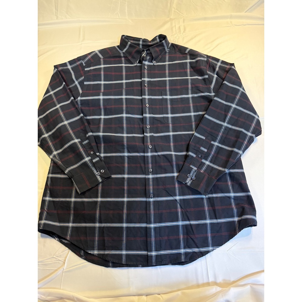 Roundtree & Yorke Mens 2XLT Navy Blue Plaid Easy Care Button Down Shirt Cotton